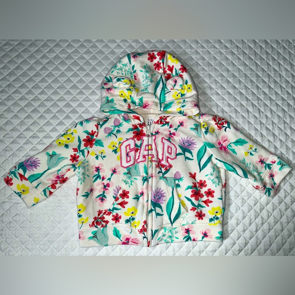 Baby GAP Infant Girls White Floral Sweatshirt Zippered w/ Hood & Logo Size 3-6 m